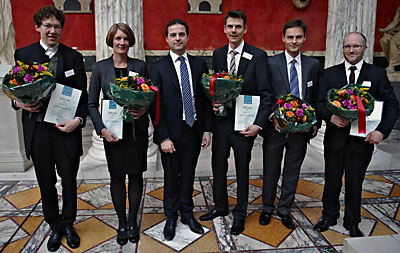 Winners of EliteForsk awards 2012 l-r: Matthias Kriesell, Anja Boisen, Higher Education Minister Morten Østergaard, Hans Bräuner-Osborne, Peter Norman Sørensen and Frederik C. Krebs. Photo by: Tariq Mikkel Khan.