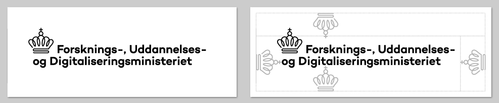 Illustrationen viser den afstand, der som minimum bør være til anden grafik, tekst eller sidekant. På den måde sikres det, at ministeriets logo altid kan afkodes klart og tydeligt.