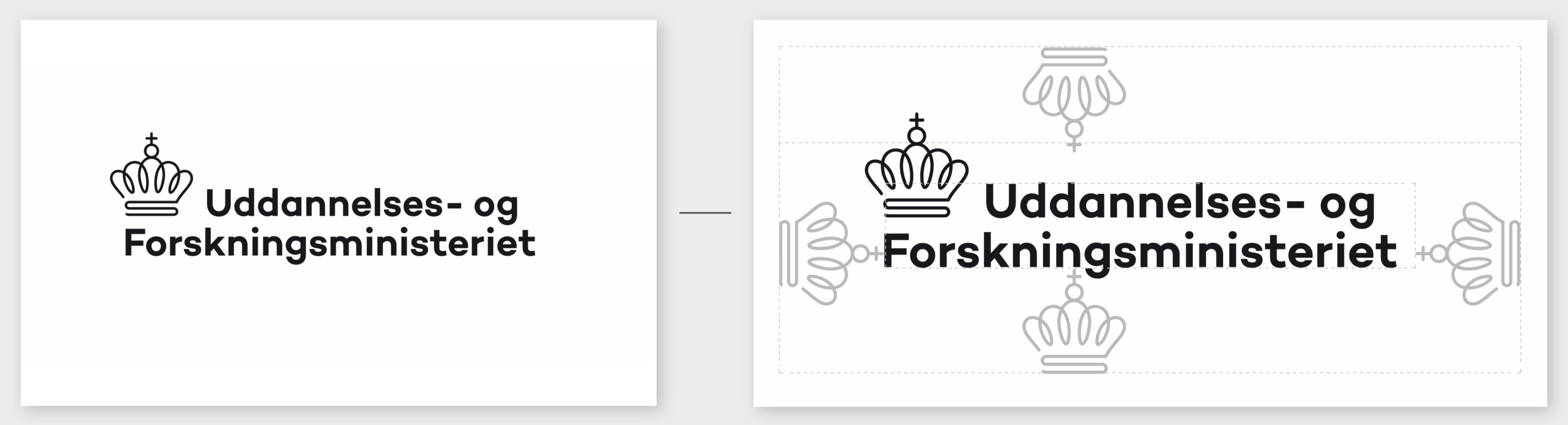 Illustrationen viser den afstand, der som minimum bør være til anden grafik, tekst eller sidekant. På den måde sikres det, at ministeriets logo altid kan afkodes klart og tydeligt.