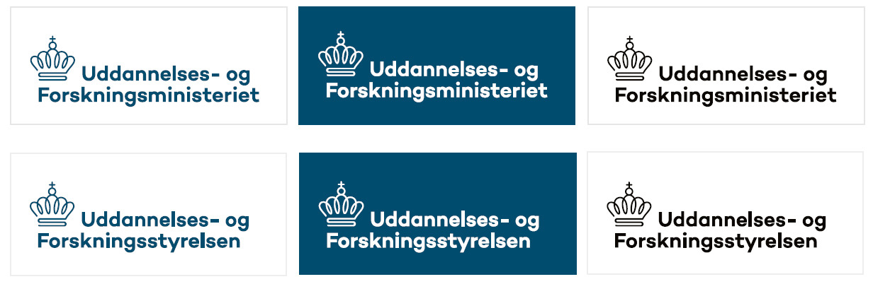 Eksempler på de blå, hvide og sorte versioner af UFM og UFS-logoerne